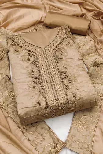 beige cotton hand embroidery dress material