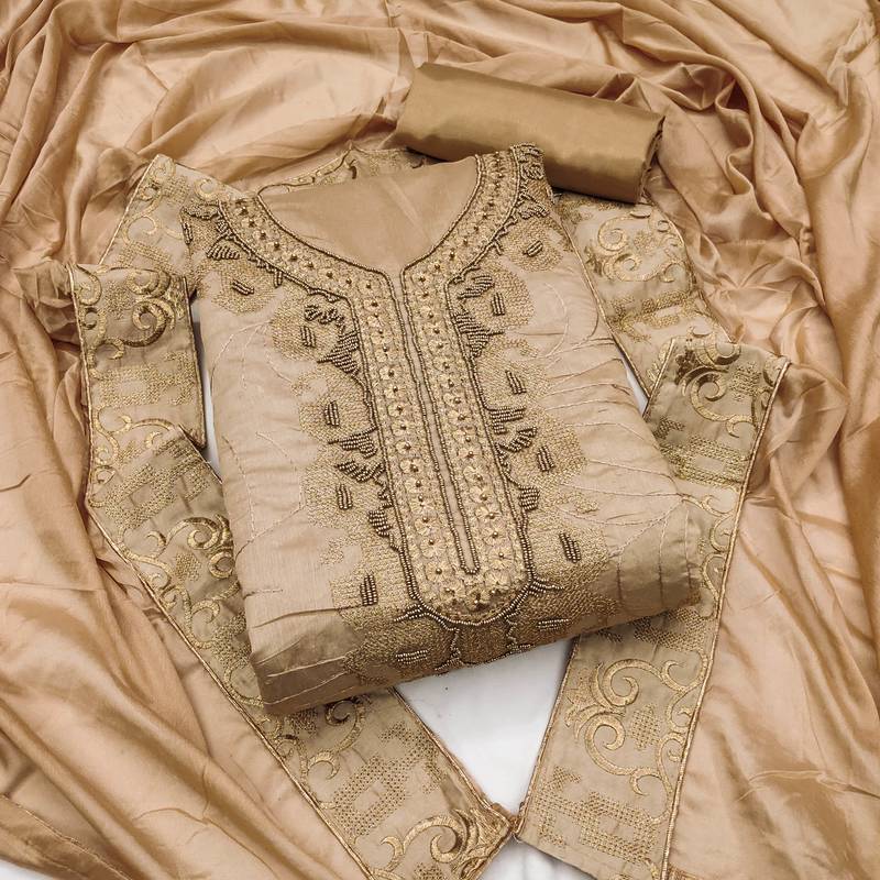 beige cotton hand embroidery dress material