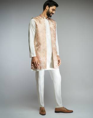 peach thread embroidered jacquard weave nehru jacket with cream fine satin pant style pyjama set  4