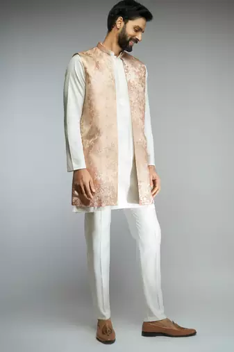 peach thread embroidered jacquard weave nehru jacket with cream fine satin pant style pyjama set 