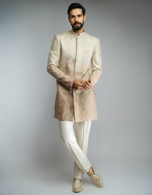 brown ombre roman silk blend thread embroidered sherwani kurta with cream cotton lycra pant style pyjama set  1