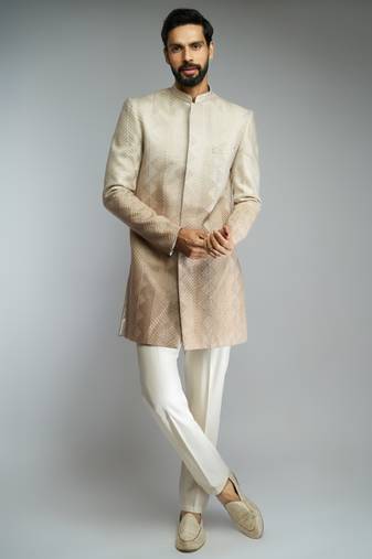 brown ombre roman silk blend thread embroidered sherwani kurta with cream cotton lycra pant style pyjama set 