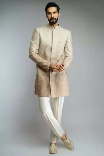 brown ombre roman silk blend thread embroidered sherwani kurta with cream cotton lycra pant style pyjama set 