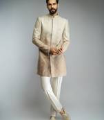brown ombre roman silk blend thread embroidered sherwani kurta with cream cotton lycra pant style pyjama set 