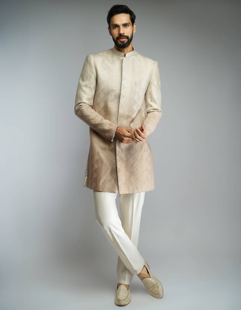 brown ombre roman silk blend thread embroidered sherwani kurta with cream cotton lycra pant style pyjama set 