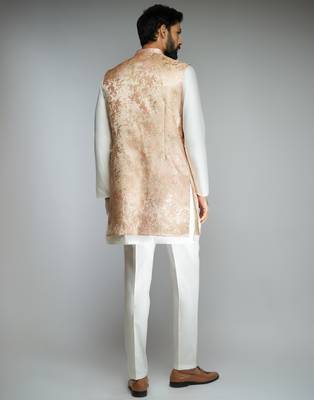 peach thread embroidered jacquard weave nehru jacket with cream fine satin pant style pyjama set  5