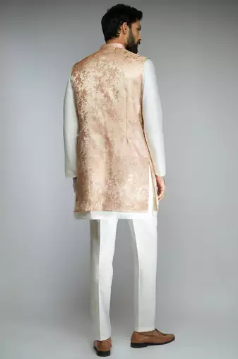 peach thread embroidered jacquard weave nehru jacket with cream fine satin pant style pyjama set 