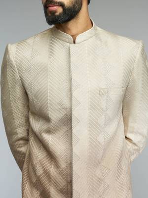 brown ombre roman silk blend thread embroidered sherwani kurta with cream cotton lycra pant style pyjama set  2