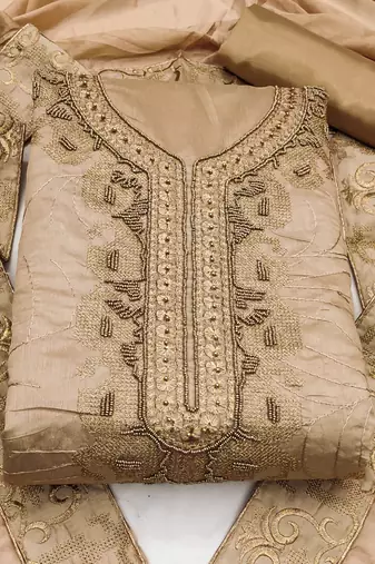 beige cotton hand embroidery dress material
