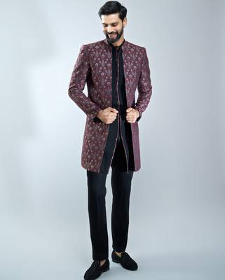 maroon floral jacquard indo-western bundled with black mustang kurta & black cotton lycra pants  1