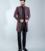 maroon floral jacquard indo-western bundled with black mustang kurta & black cotton lycra pants 