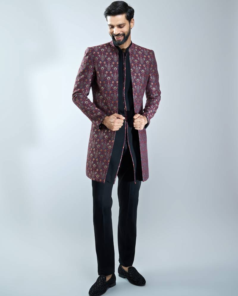 maroon floral jacquard indo-western bundled with black mustang kurta & black cotton lycra pants 
