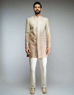 brown ombre roman silk blend thread embroidered sherwani kurta with cream cotton lycra pant style pyjama set  3