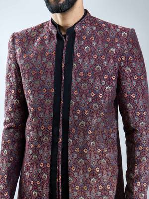 maroon floral jacquard indo-western bundled with black mustang kurta & black cotton lycra pants  2