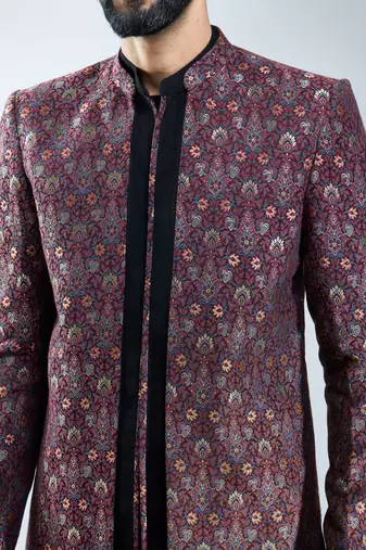 maroon floral jacquard indo-western bundled with black mustang kurta & black cotton lycra pants 