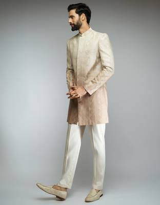 brown ombre roman silk blend thread embroidered sherwani kurta with cream cotton lycra pant style pyjama set  4