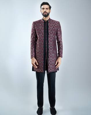 maroon floral jacquard indo-western bundled with black mustang kurta & black cotton lycra pants  3