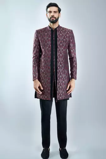 maroon floral jacquard indo-western bundled with black mustang kurta & black cotton lycra pants 