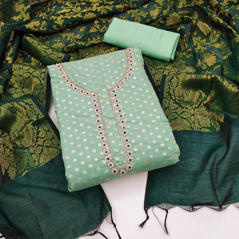 light green jacquard hand embroidery dress material