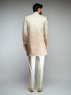 brown ombre roman silk blend thread embroidered sherwani kurta with cream cotton lycra pant style pyjama set  5