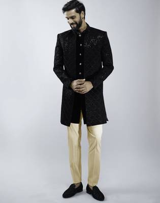 black velvet embroidered indo-western with beige cotton lycra pants  1