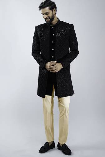 black velvet embroidered indo-western with beige cotton lycra pants 