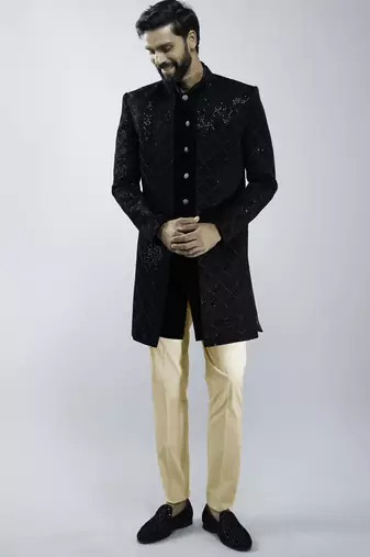 black velvet embroidered indo-western with beige cotton lycra pants 