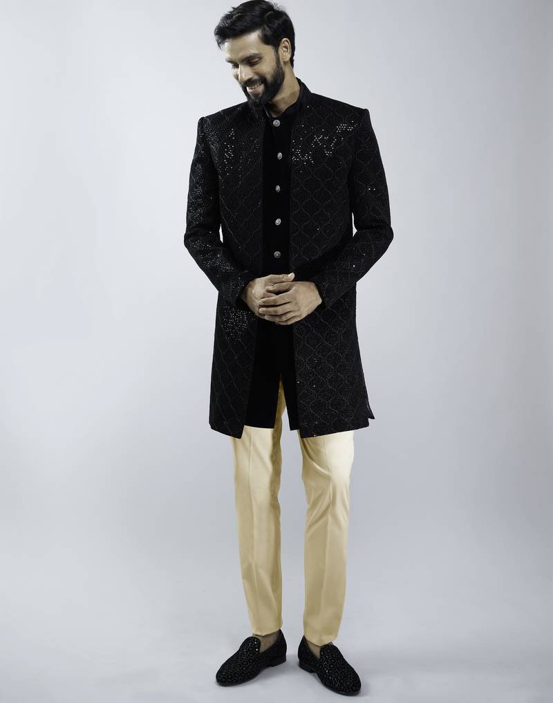 black velvet embroidered indo-western with beige cotton lycra pants 