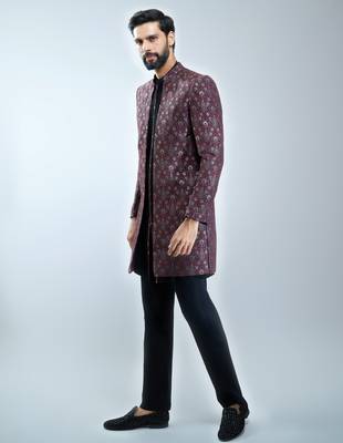 maroon floral jacquard indo-western bundled with black mustang kurta & black cotton lycra pants  4