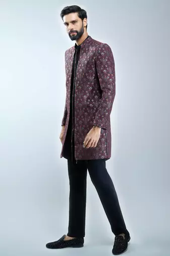 maroon floral jacquard indo-western bundled with black mustang kurta & black cotton lycra pants 