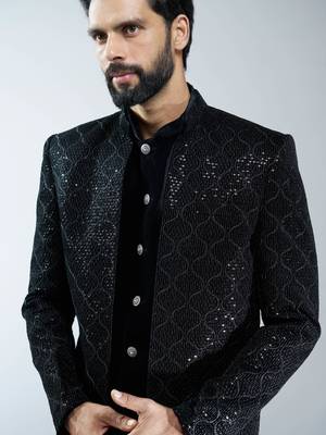 black velvet embroidered indo-western with beige cotton lycra pants  2