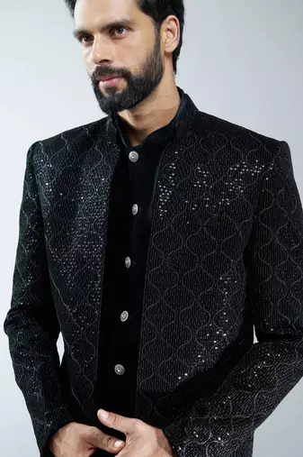 black velvet embroidered indo-western with beige cotton lycra pants 