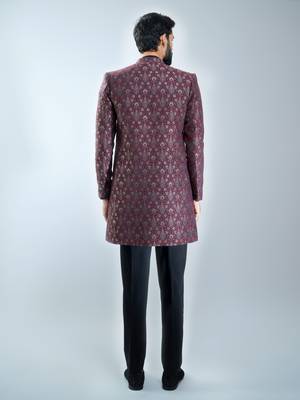 maroon floral jacquard indo-western bundled with black mustang kurta & black cotton lycra pants  5