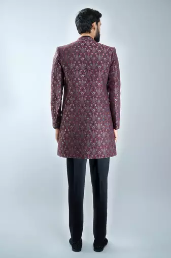 maroon floral jacquard indo-western bundled with black mustang kurta & black cotton lycra pants 