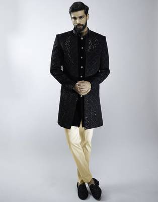 black velvet embroidered indo-western with beige cotton lycra pants  3