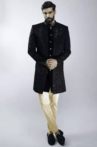 black velvet embroidered indo-western with beige cotton lycra pants 