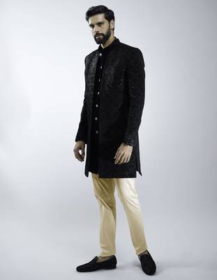 black velvet embroidered indo-western with beige cotton lycra pants  4