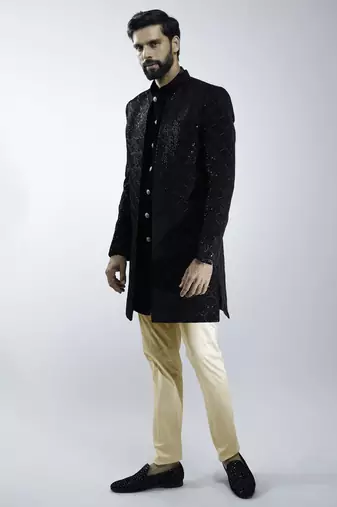 black velvet embroidered indo-western with beige cotton lycra pants 