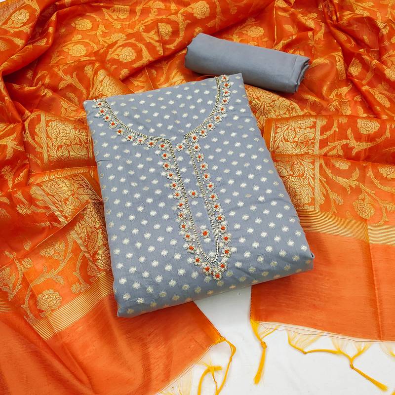 grey jacquard hand embroidery dress material