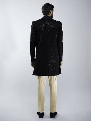 black velvet embroidered indo-western with beige cotton lycra pants  5