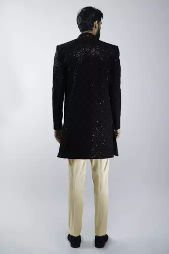 black velvet embroidered indo-western with beige cotton lycra pants 