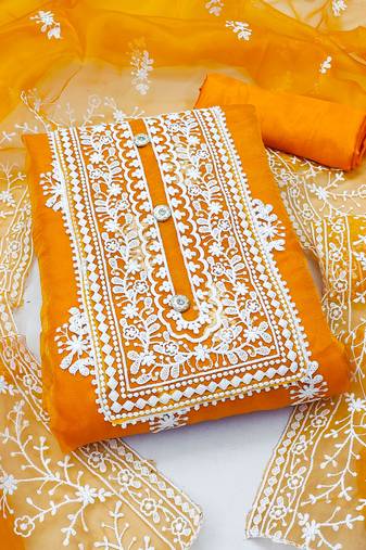 orange organza embroidered dress material