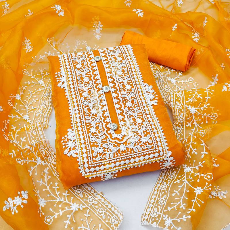orange organza embroidered dress material