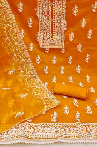 orange organza embroidered dress material
