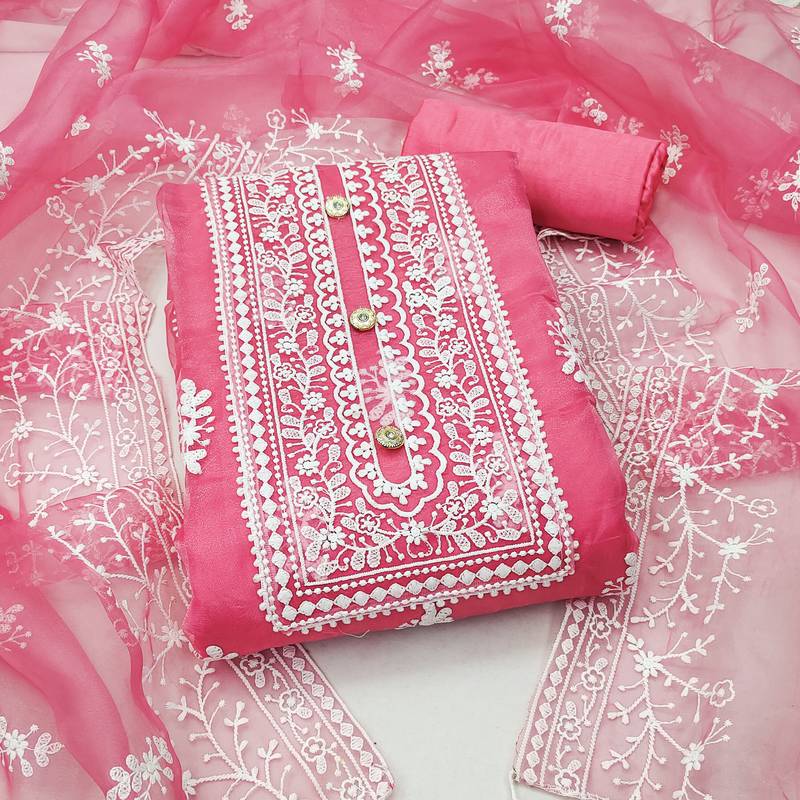 peach organza embroidered dress material