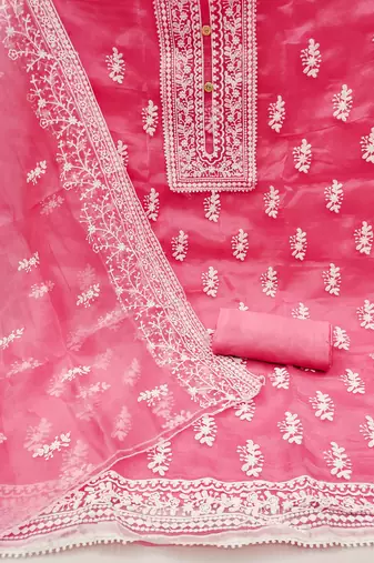 peach organza embroidered dress material