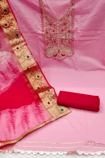 baby pink cotton embroidered dress material