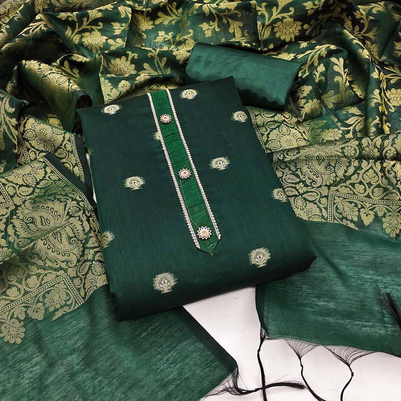 green jacquard woven dress material