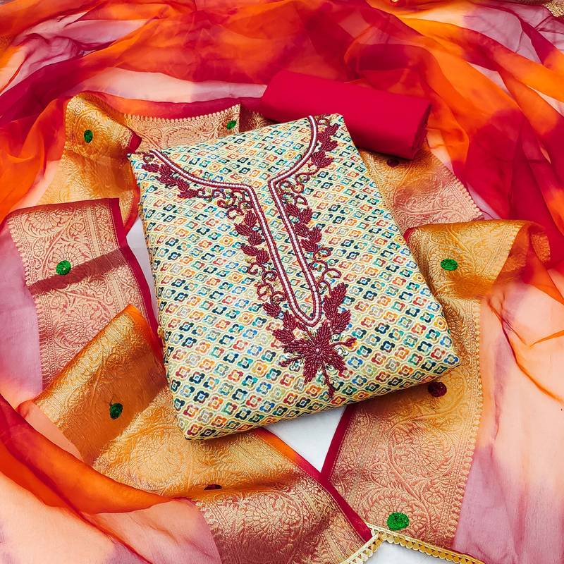 multicolor cotton embroidered dress material