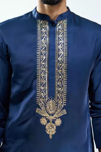 silk embroidered kurta pyjama set with cream satin pyjama 